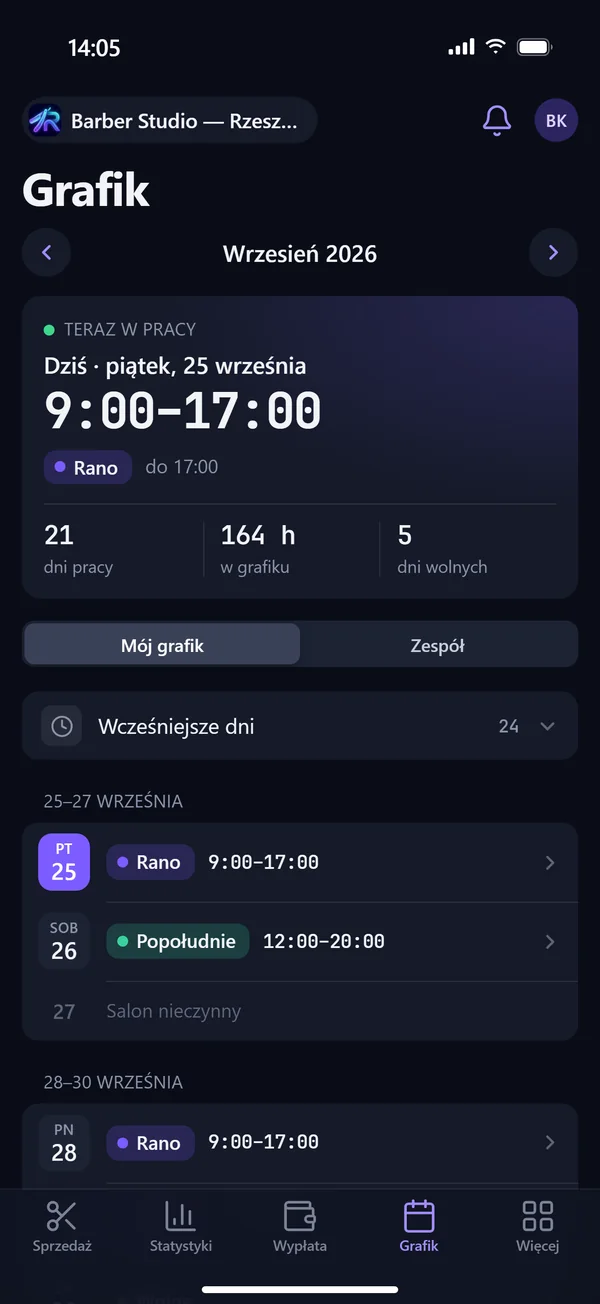 Ekran Grafik: dzisiejsza zmiana, podsumowanie miesiąca i najbliższe dni pracy