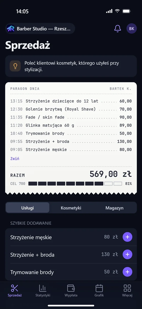Ekran Sprzedaż w aplikacji RazorFlow: paragon dnia barbera z listą usług i kosmetyków